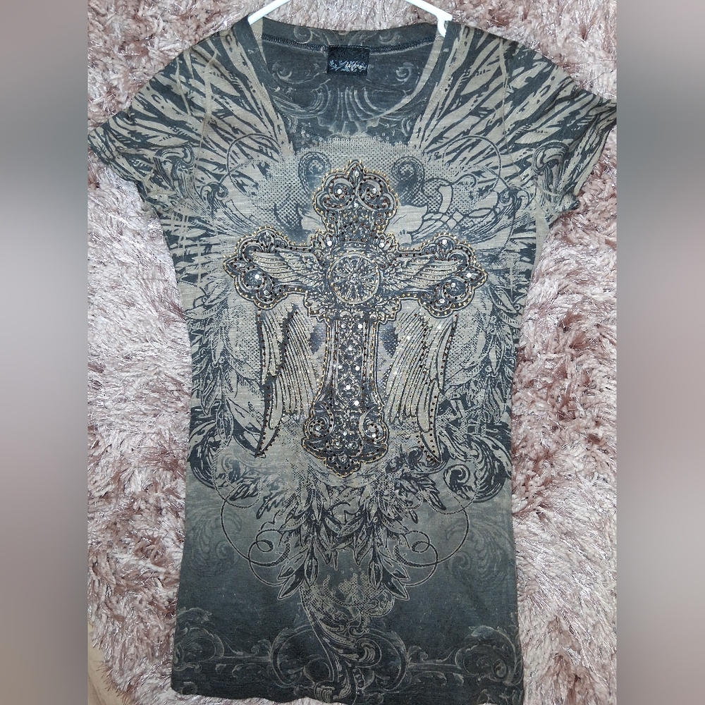 Daytrip Tan And Dark Brown Embellished Cross Graphic Short Sleeve Tee